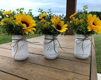 Sunflower Centerpieces, Sunflower Themed Wedding, Cotton Decor, Mason Jar Flowers, Mason Jar Centerpieces, Sunflower Decor, Sunflower Wedding, Artificial Flower Arrangements, Mason Jar Crafts