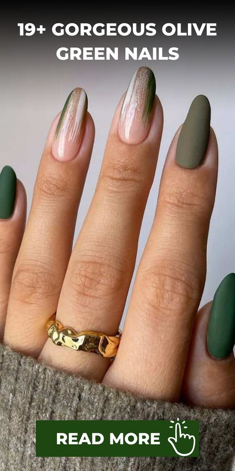 Elevate your nail game with stunning olive green shades that exude elegance and sophistication! Olive green is a timeless color choice that instantly evokes a sense of luxury and charm to your manicure. Whether you prefer a sleek matte finish for a contemporary twist or opt for a luscious glossy sheen, olive green nails are an excellent way to express your style. Add some dazzle with shimmering embellishments or keep it classy with a single-toned look – the possibilities are endless! Green Grey Nails, Olive Nails Design, Fall Nails Olive Green, Sage Green Nails Design, Olive Green Nails Designs, Olive Green Nail Designs, Olive Green Shades, Olive Green Nails, Matte Green Nails