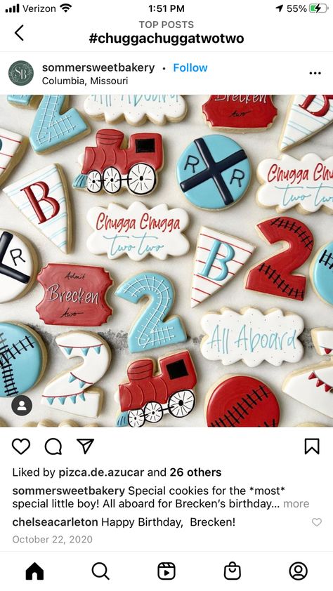 Train Party Cookies, Choo Choo Im 2 Birthday Party, Chugga Chugga Two Two Birthday Cake, Two Two Train Birthday Party Cake, Chugga Chugga Two Two Cookies, Chugga Chugga Two Two 2nd Birthday Cake, Train Birthday Party Cake, Choo Choo Train Birthday Party, Train Birthday Theme