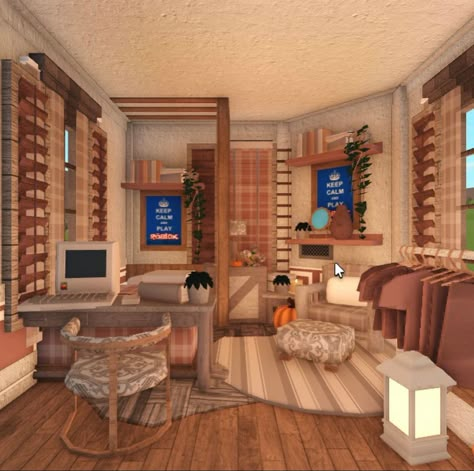 Bloxburg Hut Ideas, Cozy Autumn Bloxburg House, Cluttered Bloxburg House, Bloxburg Attic, Bloxburg Fall Laundry Room, Bloxburg House Ideas Fall Living Room, Bloxburg Spare Room Ideas, Cozy Cabin Bloxburg, Bloxburg Autumn Bedroom