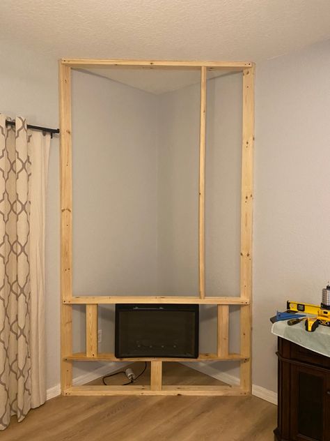 Corner Fireplace Plans, Framing Corner Fireplace, Corner Fireplace Build, Corner Wall Fireplace Ideas, Build Corner Fireplace, Corner Diy Fireplace, Corner Fireplace Ideas Diy, Diy Corner Fireplace How To Build, Corner Fireplace Tv Wall