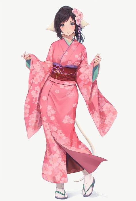 ArtStation - Kuon, Miura N315 Oc Adoptables, Anime Blue Hair, Characters Inspiration, Classic Clothes, Anime Kimono, Pink Kimono, Kimono Outfit, Kimono Yukata, Anime Inspired Outfits