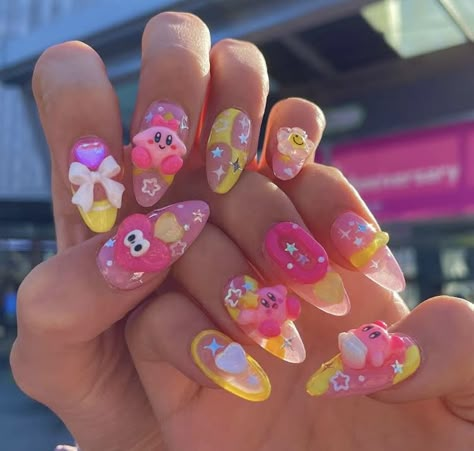 Almond Nails Bow, Kirby Nail Art, Kirby Nails, Slay Nails, Charm Nails, Nails Bow, Harajuku Barbie, Wow Nails, Nails Arts