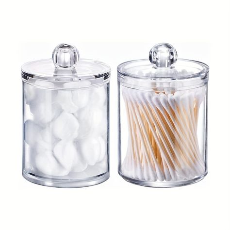 Plastic Jars With Lids, Makeup Pads, Bathroom Jars, Bathroom Canisters, Bathroom Containers, Makeup Organization Vanity, Acrylic Storage, Cotton Swabs, Lid Storage