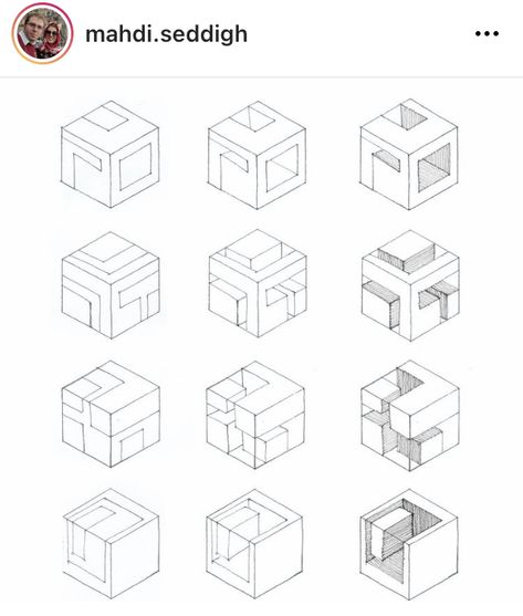 Cubes Architecture Concept, 3d Cube Design, Cubes Architecture, Isometric Cube, Architecture Journal, Geometric Shapes Drawing, Conceptual Model Architecture, Interior Design Portfolio Layout, Isometric Drawing