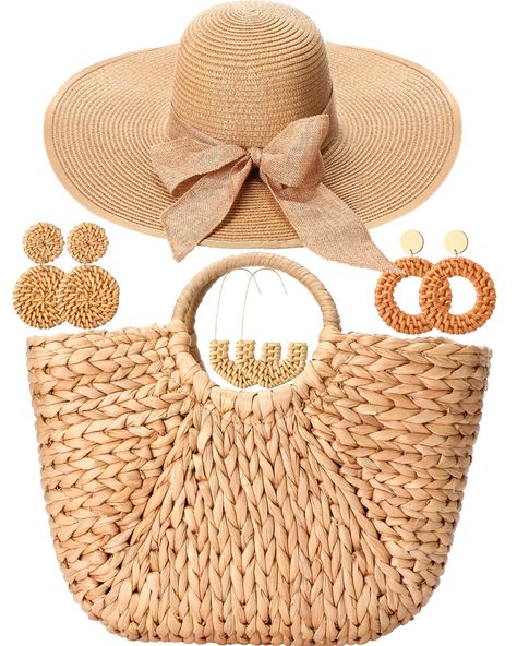 PRICES MAY VARY. Complete Summer Accessory Set: the straw tote bag, womens floppy sun hat with rattan errings set comes complete for your summer activities; It includes 1 womens straw tote bag, 1 straw hat women, and 3 pairs of rattan earrings; The khaki color tone of the bag and hat gives it a feel of the natural beach vibe, while the rattan earrings add a touch of bohemian charm; This set is great for women looking for fashionable yet practical summer accessories Reliable Straw Material: craft Beach Wear Accessories, Big Straw Hat, Yacht Party Outfit Summer, Yacht Dinner, Resort Vacation Outfits, Yacht Party Outfit, Dinner Attire, Yacht Fashion, Beach Hats For Women