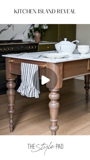 The Style Pad on Instagram: "I got my dream kitchen island for a FRACTION of the cost. So pleased with how this one turned out!

Let me know what you think in the comments, and make sure you're following along for more budget-friendly interiors 🌿🖌️

Wood Wax Finish in Oak Antique - @osmo_uk (gifted)
Brass gallery rail - @yesterhome (gifted)
.
.
.
.
#budgetfriendly #kitchenisland #kitchenislandinspo #traditionalkitchen #kitchenonabudget #thriftflip #furnitureflip #thrifting #kitcheninspo #myhomestyle #kitchenreno #modernrustic #farmhousekitchen #ourprettyproject #ourinteriorspaces #myupcycledhome  #howihome #farmhousestyle #loverenovate #myhomesanctuary #myrenostory #myhousethismonth #letsdiybig #furnitureflip #flipfam #upcyclethathome #budgetkitchen #bargainkitchen" Wood Wax Finish, Dream Kitchen Island, Brass Gallery Rail, Antique Kitchen Island, Work Building, Gallery Rail, Kitchen Island Table, Kitchen Refresh, My Dream Kitchen