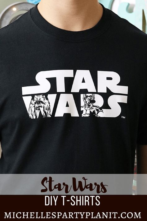 DIY Star Wars Shirt Ideas for Star Wars Day or any day! This design features the Star Wars Logo with Chewbacca  and C3PO - Great gift idea for your Star Wars fan!  #cricutmade Star Wars T Shirt Ideas, Star Wars Cricut Shirts, Star Wars Tshirt Ideas, Star Wars Shirts Cricut, Star Wars Shirt Ideas, Disney Star Wars Shirts Cricut, Star Wars Silhouette, Star Wars Music, Freezer Paper Stenciling