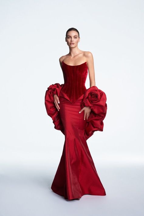 SS25 Evening Collection — Nicole + Felicia Couture Strapless Pre-draped Evening Dress, Nicole And Felicia Couture, Luxury Strapless Pre-draped Dress, Luxury Strapless Pre-draped Evening Dress, Luxury Red Pre-draped Evening Dress, High Fashion Dresses, Bridal Jacket, Fashion Gowns, Woman Suit Fashion