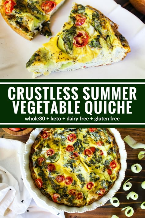 This Crustless Summer Vegetable Quiche is a light dish and the perfect way to celebrate all the beautiful flavors of summer! Plus it's dairy free, gluten free, and Whole30 compliant! Non Dairy Quiche Recipes, Crustless Dairy Free Quiche, Dairy Free Quiche Crustless, Gluten Free Dairy Free Quiche, Dairy Free Quiche, Dairy Free Quiche Recipes, Quiche Recipes Healthy, Gluten Free Quiche, Gluten Free Diet Plan