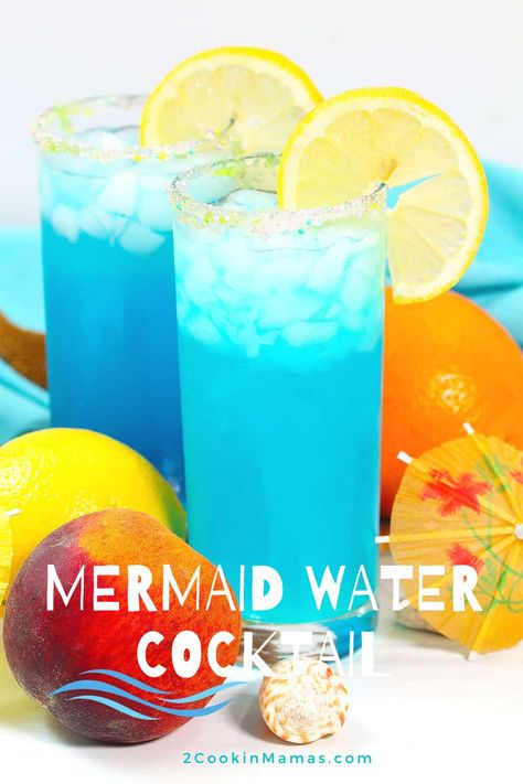 This sweet and colorful Mermaid Water Drink is a coconutty, fruity rum punch that is perfect for summer. It's easy to make too with only 4 ingredients, coconut rum, blue curacao, peach schnapps, and lemonade and its tropical flavor will have you thinking of mermaids and island getaways with every sip. Ideal for poolside parties, backyard barbecues, or quiet evenings. #mermaidwater #mermaidwaterdrink #mermaidwatercocktail #mermaidwaterrumpunch #mermaidwaterdrinkrecipe via @2CookinMamas Blue Curacao Peach Schnapps Drinks, Mermaid Water Drink Non Alcoholic, Mermaid Rum Punch, Mermaid Water Drink, Blue Curacao Drinks, Rum And Lemonade, Rum Punch Cocktail, Mom Juice, Boat Drinks