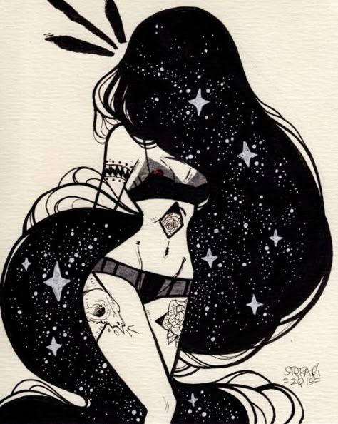 Galaxy Hair, Desenho Tattoo, Witch Art, Gothic Art, Star Girl, Art Drawings Sketches, Adventure Time, Dark Art, Aesthetic Art