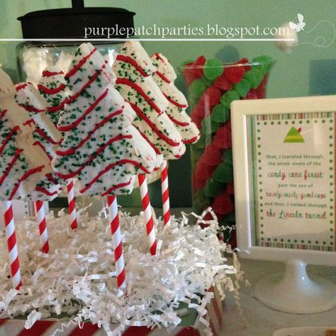 Christmas trees on striped straws at an Elf Christmas Party #elfparty #trees Elf Movie Party, Elf Themed Christmas Party, Themed Christmas Party, Holiday Party Ideas, Elf Christmas Decorations, Christmas Movie Night, Christmas Party Themes, Holiday Christmas Party, Elf Movie