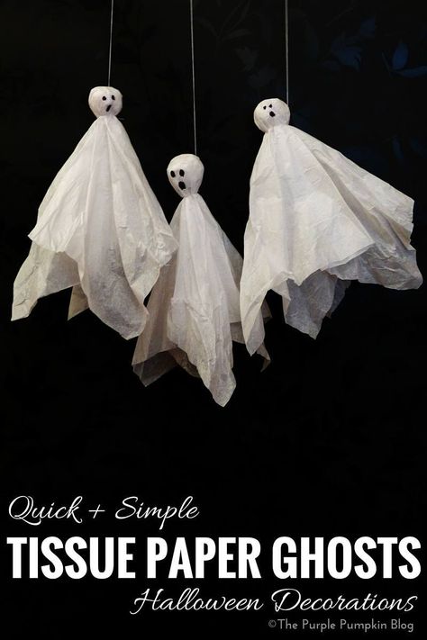 Tissue Paper Ghosts - Crafty October Day 5 Paper Ghosts, Spooky Diy Halloween Decor, Halloween Ghost Craft, Paper Ghost, Paper Halloween Decorations, Dekorasi Halloween, Ghost Crafts, Tissue Paper Crafts, Hallowen Ideas