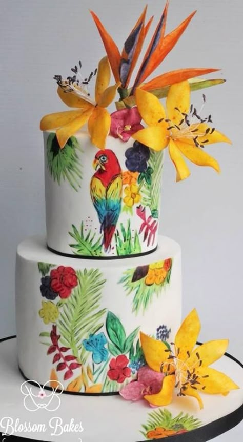 Parrot+Paradise+-+Cake+by+BlossomBakes Parrot Birthday Party Ideas, Bird Of Paradise Cake Ideas, Parrot Cake Ideas, Fondant Parrot, Parrot Cake, Tropical Cake, Tropical Bird Cake, Tropical Bird Party, Tropical Birthday Cake