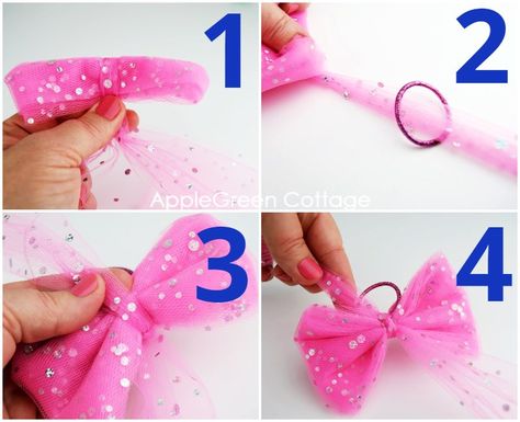 Tulle And Ribbon Bow, Diy Tulle Hair Bow, Tulle Hair Accessories, How To Make A Bow Out Of Tulle, Tulle Bows Diy Decoration, Tulle Dog Bows Diy, Tulle Hair Bow Diy, Diy Tulle Bow, How To Make A Bow With Tulle