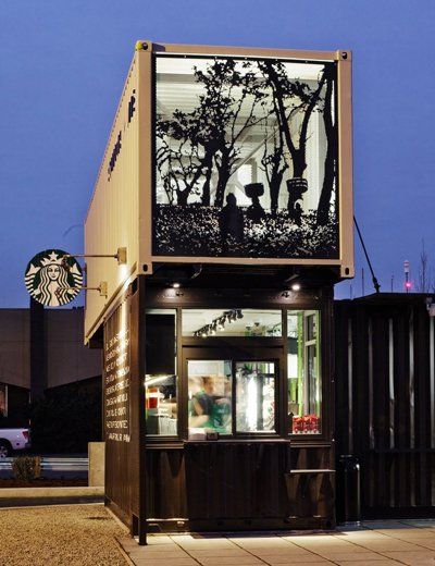 starbucks drive thru and walk up store made from shipping containers Container Home Designs, Shipping Container Architecture, Shipping Container Design, Container Restaurant, Container Cafe, Container Conversions, Storefront Design, Container Buildings, Cargo Container