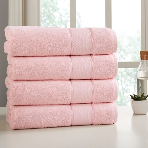 Indulge yourself in spa like luxury with this luxurious set of Spun Loft towels by Modern Threads. The set is made of cotton known for its softness, absorbency, and durability. Unlike zero twist towels where the cotton yarns are twisted with the a PVA yarn (Plastic fiber), the Spun Loft yarn is twisted without any plastic yarns. These towels make an ideal complement to any bathroom whether you use it to pamper yourself or reserve it for special guests. Cotton fibers are valued for their superior Pink Bath Towels, Pink Towels, Linen Store, Pillow Top Mattress, Buy Bed, Pink Bathroom, Cotton Bath Towels, Bath Sheets, Bath Linens