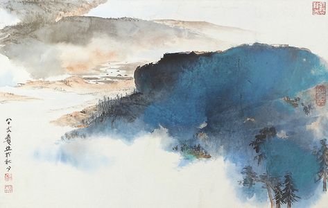 Zhang Daqian, Painting Styles, Chinese Art Painting, Chinese Landscape, He Left, Blue Painting, Autumn Landscape, Sumi E, Water Painting