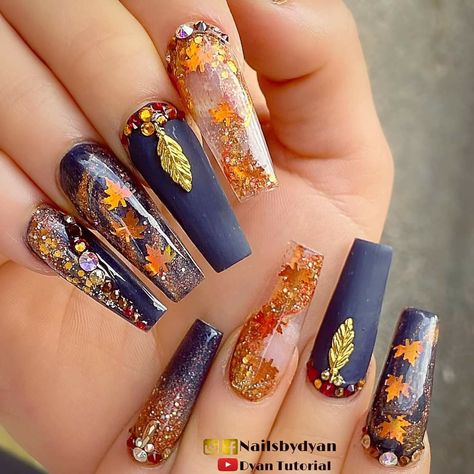 Fall Nail Art Long Nails, Fall Acrylic Nails With Pumpkin, Fall Nails Encapsulated, Cute Thanksgiving Nails Acrylic Long, Fall Nail Designs With Bling, Fall Encapsulated Nail Designs, Long Coffin Fall Nail Designs, Brow Nail Designs, Encapsulated Nails Fall