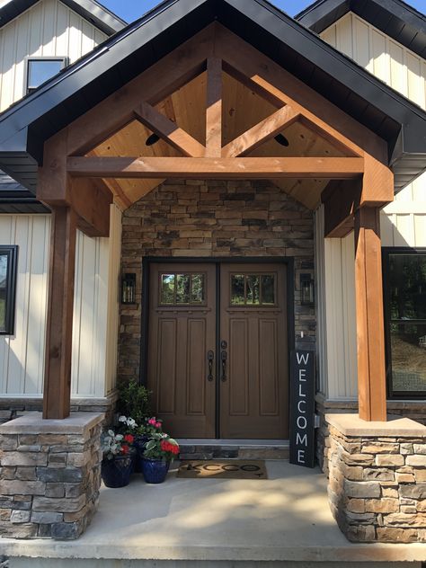 Exterior House Posts Columns, Barndo Front Porches, Cedar Entryway Front Porches, Stained Posts On Front Porch, Stone Accent Around Front Door, Wooden Pillars Front Porch, Replacing Columns With Wood Beams, Porch Columns With Stone, Wood And Stone Columns Porch