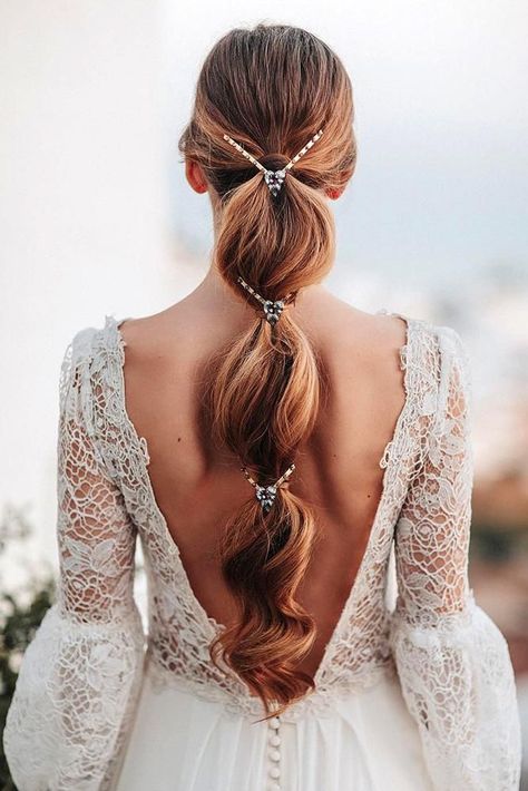 18 Stylish Bohemian Wedding Look ❤ bohemian wedding look white lace dress with open back and long hair original ponytail juantrujillofoto #weddingforward #wedding #bride #bohemianweddinglook Hairstyles For Open Back Dress, Blonde Pony, Pretty Ponytails, Ponytail Updo, Bridal Hairdo, Bridal Hair Inspiration, Graduation Hairstyles, Wedding Dress Pictures, Open Back Dress