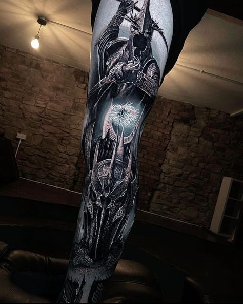 Lotr Leg Sleeve Tattoo, Boromir Tattoo, Lord Of The Rings Sleeve Tattoo, Witch King Of Angmar Tattoo, Lord Of The Rings Sleeve, Half Leg Sleeve Tattoo, Dark Realism Tattoo, Divine Tattoos, Wired Tattoo