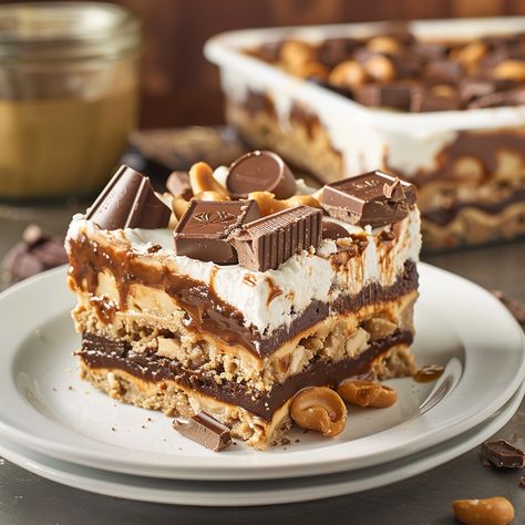 Reese’s Chocolate Peanut Butter Cup Lasagna Reese’s Chocolate Peanut Butter Cup Lasagna, Reese Dessert Recipes, Reeces Pieces Dessert, Reese Cup Dessert Recipes, Reese’s Peanut Butter Trifle, Reeses Peanut Butter Dessert Recipes, Peanut Butter Crunch Lasagna, Reese’s Desert, Resses Dessert Recipes