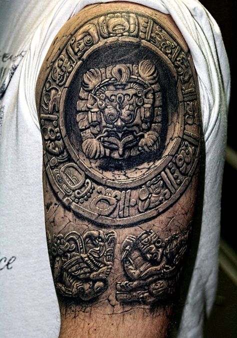 'Maya' tattoo | By Pavel Angel www.TattooArtists.org/Gal3074… | Flickr Tato 3d, Shoulder Armor Tattoo, Best 3d Tattoos, Cat Portrait Tattoos, Tatoo 3d, Amazing 3d Tattoos, Mayan Tattoos, Aztec Tattoos, Inca Tattoo