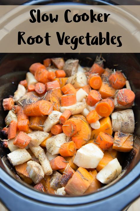 Slow Cooker Root Vegetables - a healthy, seasonal, 'fix and forget' kind of sidedish. | 5DollarDinners.com Slow Cook Vegetables, Slow Cooker Roasted Vegetables, Slow Cooker Root Vegetables, Slow Cooked Vegetables, Crockpot Root Vegetables, Crockpot Roasted Vegetables, Slow Cooker Veggies, Crockpot Vegetables, Dollar Meals