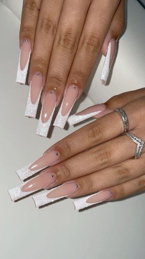 White Ballerina Nails Long, Cute Long French Tip Nails, Md Nail Ideas, Glitter French Tip Nails Long, Xxl French Tip Nails, White French Tip Nails Glitter, Long White Tip Acrylic Nails, Sugar French Tip Nails, White Sugar Nails