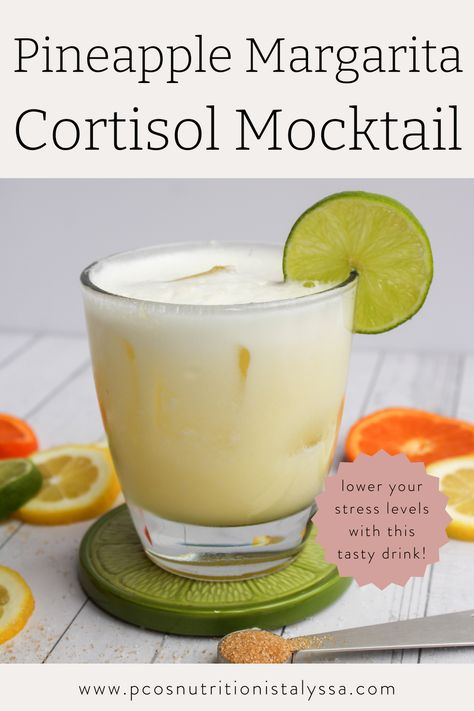 Lower your cortisol levels and get some stress relief with this delicious cortisol mocktail recipe! This adrenal cocktail gives you vitamin C, potassium, and sodium that can nourish your adrenals and benefit your hormone health in multiple ways! Cortisol Diet, Adrenal Cocktail, Pineapple Margarita, Fat Burning Tea, Cooler Ideas, Healthy Drinks Recipes, Inflammatory Foods, Cortisol Levels, Mocktail Recipe