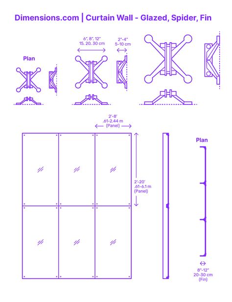 A spider fin glazed curtain wall is a sophisticated façade system that marries aesthetics with engineering prowess. At its core, the system utilizes spider fittings, sleek point-fixed connectors, to anchor large glass panes. Instead of traditional mullions, vertical glass fins provide the necessary structural support. Downloads online #facade #windows #curtainwall #construction #buildings #walls Glass Wall Design Exterior Building, Spider System Curtain Wall, Wall Details Architecture, Glass Facade Detail, Glass Facade Design, Curtain Wall Design, Bubble Diagram Architecture, Glass Wall Design, Facade Detail