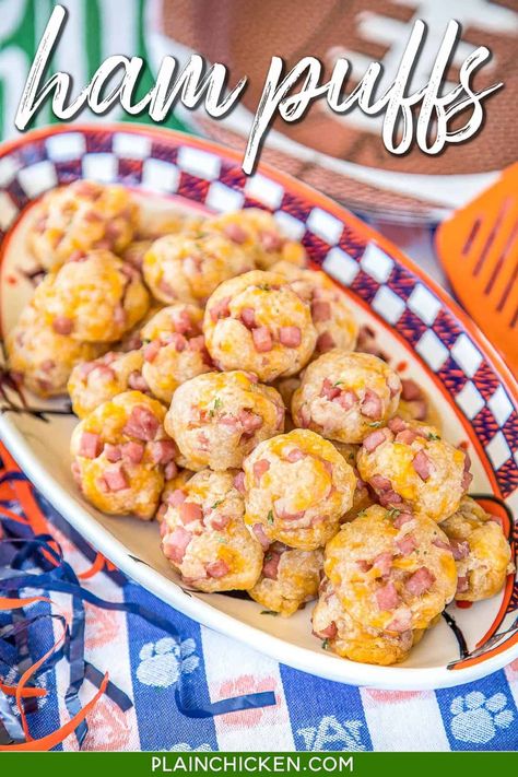 Ham and Cheese Puffs - CRAZY good!!! SO simple to make and they taste amazing!!! Only 5 ingredients - butter, cheddar cheese, ham, Worcestershire, and flour. These things fly off the plate at parties. You will want to double the recipe! A great alternative to our usual sausage balls. SO GOOD!!! #ham #appetizerrecipe #partyfood #quickappetizer Ham And Cheese Balls, Ham Puffs, Recipes For Easter, Football Friday, Thanksgiving Appetizers Easy, Canned Ham, Cheese Puffs, Plain Chicken, Appetizers Easy Finger Food