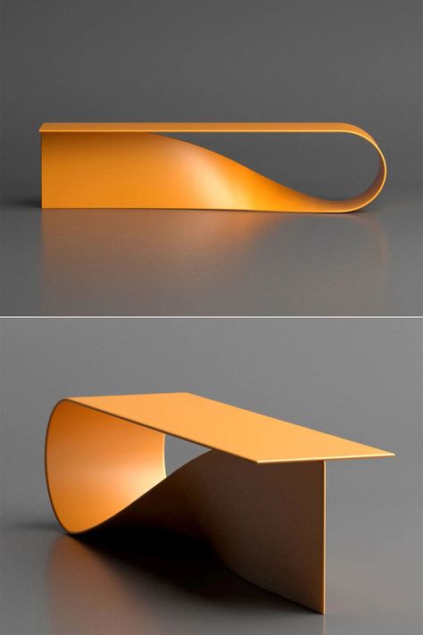 Deniz Aktay Bends Single Metal Stripe Into a Sculptural Low Coffee Table Interesting Furniture Creative, Interesting Table Design, Low Coffee Tables, Sign Design Ideas, Creative Coffee Table Ideas, Creative Furniture Design, New Furniture Design, Product Design Ideas, Interior Design Table