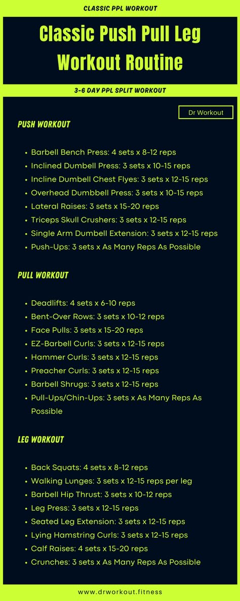 Classic Push Pull Leg Routine Push Pull Leg Dumbbell Workout, 3 Day Push Pull Workout Routine, Pull Push Workout Plan, Push Strength Workout, Push Pull Workout Routine Gym, Pull Excersises, Push Pull Legs Split, Pull Workout For Men, Push Pull Workout Routine Women