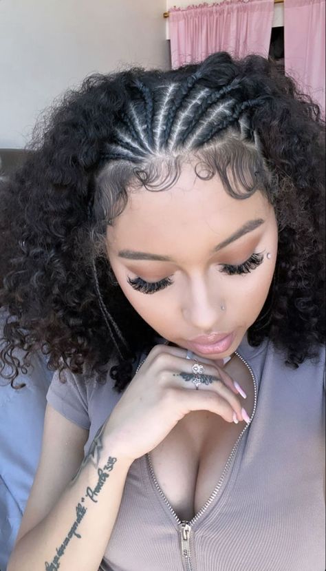 Curly Hair With Cornrows, Braids In The Front Curls In The Back Natural, Front Cornrows Hairstyles Natural Hair, Baby Braid Styles Short Hair, Short Curly Braided Hairstyles, Braided Front Natural Hairstyles, Braids With Curly Hair In The Back, Braided Curly Hairstyles, Head Braids