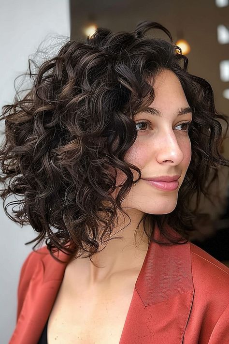 Curly Hairstyles Brunette, Curly Lob Side Part, Curly Haircut 2024, Bon Hairstyle, Lob With Layers Textured Bob, Curly Lob Haircut Naturally, Curly Lob With Bangs, Curly Butterfly Haircut, Shoulder Length Curly Hair With Layers