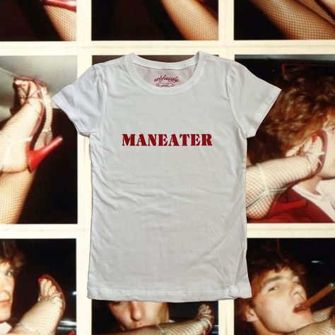 MANEATER BABY TEE Funny Y2k Shirts, T Shirts With Sayings Funny Graphic Tees, Iconic Tshirt Designs, Funny Slogan Tshirts, T Shirt Dress Outfit, Shirt Outfit Ideas, How To Have Style, Tumblr T Shirt, Y2k Tshirt