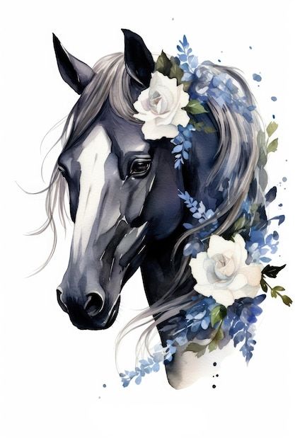 Horse With Flowers, A Horse, Watercolor Painting, Cake Topper, Fondant, Tattoo Ideas, Cake, Flowers, Blue