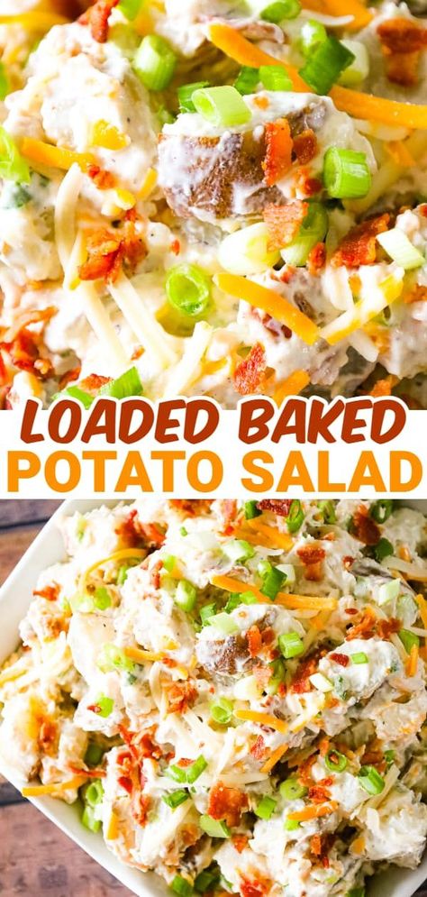 Loaded Baked Potato Salad is a delicious cold side dish recipe made with russet potatoes and loaded with mayo, sour cream, crumbled bacon, cheddar cheese and chopped green onions. Potato Salad With Peppers, Russet Potato Main Dish Recipes, Easter Cold Side Dishes, Potato Salad With Peas, Twice Baked Potato Salad, Russet Potato Salad, Baked Potato Rounds, Baked Potato Salad Recipe, Loaded Potato Salad