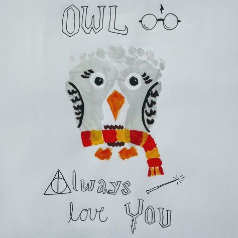 my own original...  OWL Always Love You Harry Potter Hedwig Footprint Art Footprint Winter Crafts, Owl Always Love You Craft, Harry Potter Mothers Day, Harry Potter Handprint Art, Harry Potter Footprint Art, Owl Footprint Art, Harry Potter Christmas Crafts, Harry Potter Footprints, Baby Art Projects Infants