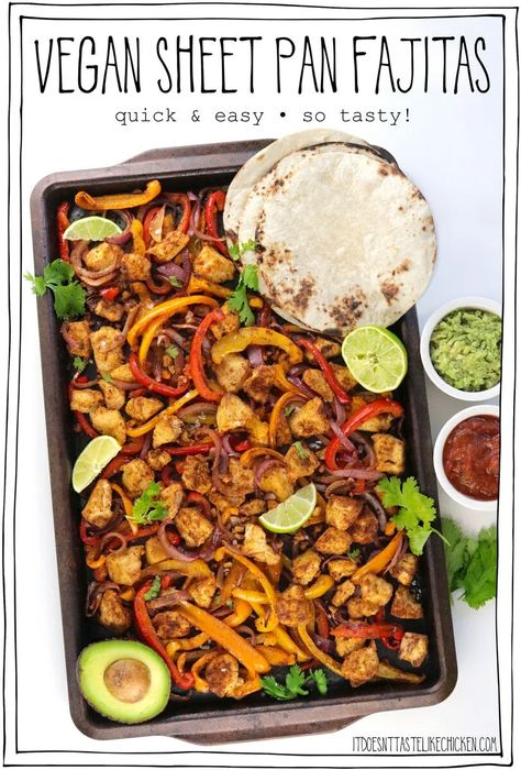 If you are looking for a super easy, delicious, veggie-packed dinner, Vegan Sheet Pan Fajitas are for you! Just 15 minutes of prep then pop the sheet pan in the oven to roast. Serve the flavor-packed tofu and veggies with warm tortillas and your favorite toppings. The perfect crowd-pleasing easy weeknight dinner, you'll want to add this to your weekly rotation! #itdoesnttastelikechicken #sheetpan #vegan Sheet Pan Veggie Fajitas, Vegan Sheet Pan, Vegan Weeknight Meals, Sheet Pan Fajitas, Vegetarian Fajitas, Pan Fajitas, Vegan Fajitas, Homemade Fajita Seasoning, Sandwiches Wraps