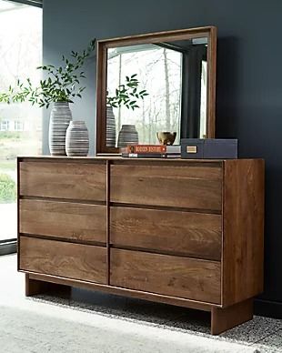 Isanti Collection | Ashley Platform Bedroom, Brown Dresser, Dresser And Mirror, Queen Panel Beds, Bedroom Panel, Glass Furniture, Ashley Furniture Homestore, Bedroom Furniture Dresser, Leather Furniture