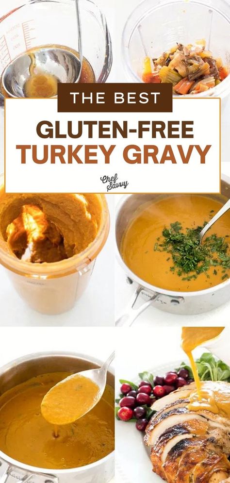 How to Make The BEST Gluten-Free Turkey Gravy! Yes, you can make a delicious, flavorful gravy without any flour or added oil. Don’t believe me? Give this gluten-free turkey gravy a try this Thanksgiving. It’s the perfect flavor boost for your roasted turkey, creamy mashed potatoes, and sausage stuffing. Check out my step-by-step pictures below! Follow Chef Savvy for more easy sauce side dishes recipes & ideas! Gluten Free Turkey Gravy, Roast Turkey Gravy, Potatoes And Sausage, Turkey Gravy From Drippings, Turkey Gravy Easy, Homemade Turkey Gravy, Gluten Free Turkey, Chef Savvy, Sausage Stuffing