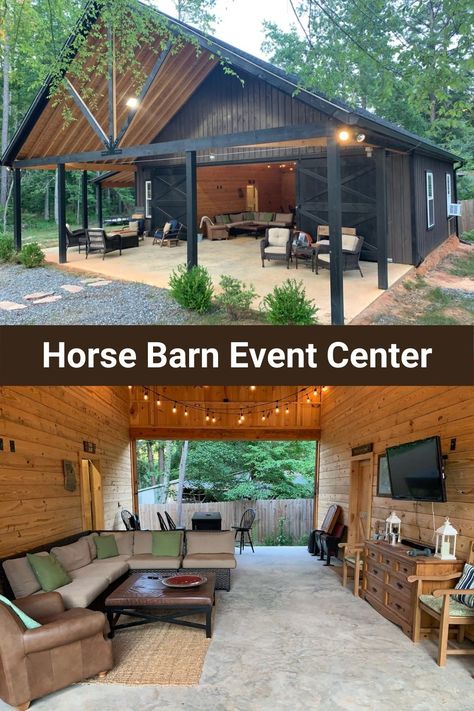 Horse Barndominiums, Barn Entertaining Space, Party Barn Floor Plans, Farm Building Ideas, Barn Turned Into House, Small Stable Ideas, Party Barn Ideas, Barn Ideas Buildings, Pull Through Garage