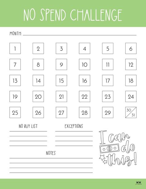 Choose from 20 no spend challenge printables covering various durations to help control your spending and start saving today. Print from home. 100% FREE! No Spend Challenge Printable, No Spend, No Spend Challenge, Start Saving, From Home, Budgeting, Finance