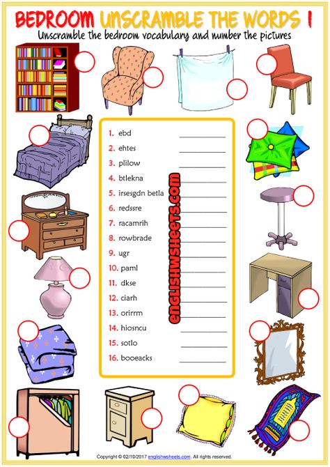 Bedroom Unscramble the Words ESL Worksheets For Kids Bedroom Objects, Picture Story Writing, Dictionary For Kids, Word Games For Kids, Word Search Puzzles Printables, Unscramble Words, Vocabulary Exercises, Esl Vocabulary, Kids Worksheets Printables