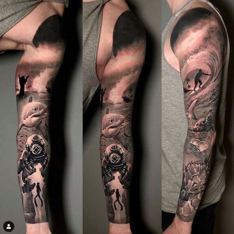 Sea Fish Tattoo Design, Realistic Underwater Tattoos, Surf Tattoo Sleeve, Florida Leg Sleeve Tattoo, Deep Sea Tattoo Sleeve, Black And Grey Ocean Tattoo, Mens Ocean Tattoo, Black And White Ocean Tattoo, Ocean Floor Tattoo