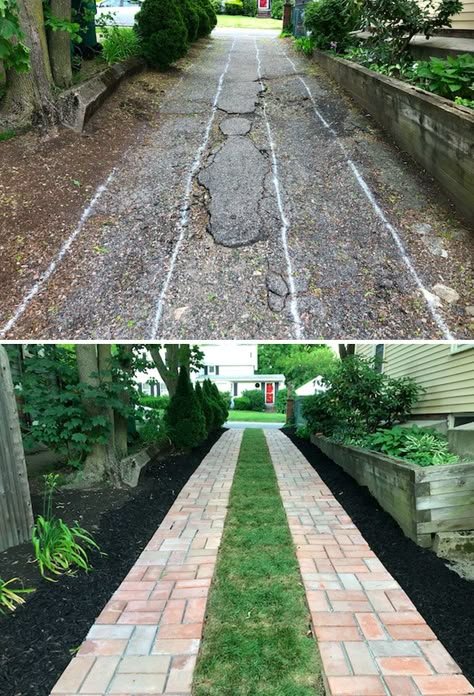 Before And After Of My DIY Driveway. I Made The Paving Stones And The Driveway Diy Brick Driveway Ideas, Diy Driveway Landscaping, Driveway To Backyard Garage, Eco Friendly Driveway Ideas, Slanted Driveway Ideas, Incline Driveway Ideas, Cheapest Driveway Ideas, Easy Driveway Ideas Diy Projects, Semi Permeable Driveway